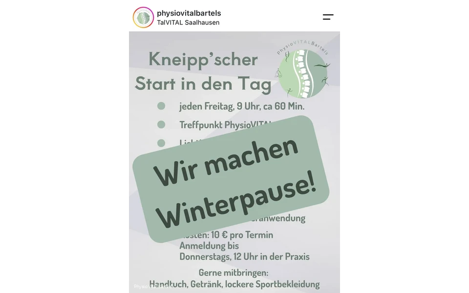Winterpause "Kneipp'scher Start in den Tag" Winterpause "Kneipp'scher Start in den Tag"